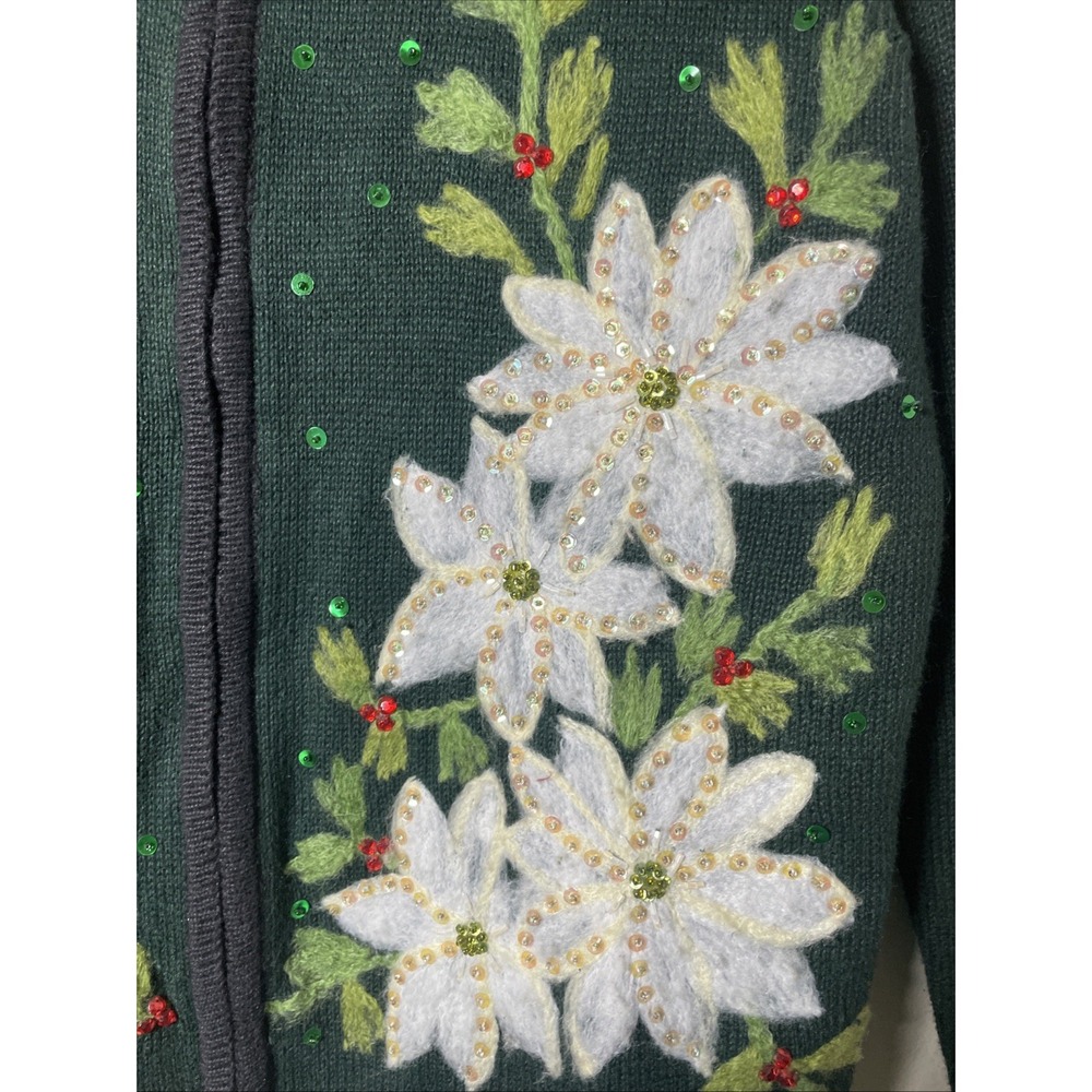 Tiara International Christmas Cardigan Sweater Womens M Green Poinsettia Big 90s - Picture 3 of 12